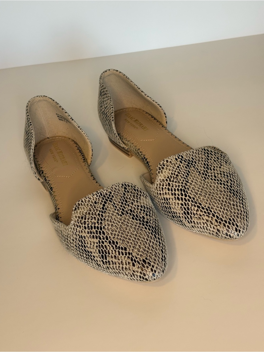 Isaac Mizrahi Snake Print D'Orsay Flats in Taupe and Black